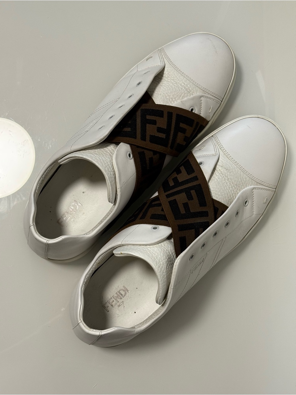 Fendi White Leather Slip-On Sneakers with FF Fendi Logo Cross Strap - Picture 8 of 17